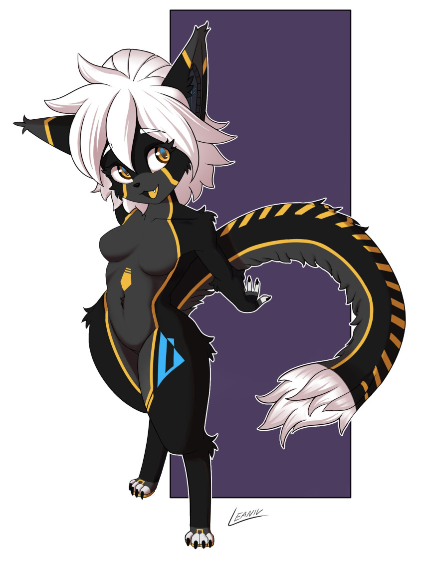 android anthro black_body breasts cute_fangs dipstick_tail featureless_breasts featureless_crotch felid feline female fur fur_markings grey_body hair hi_res machine mammal markings robot signature solo tail tail_markings vinael warning_(fluff-kevlar) white_hair