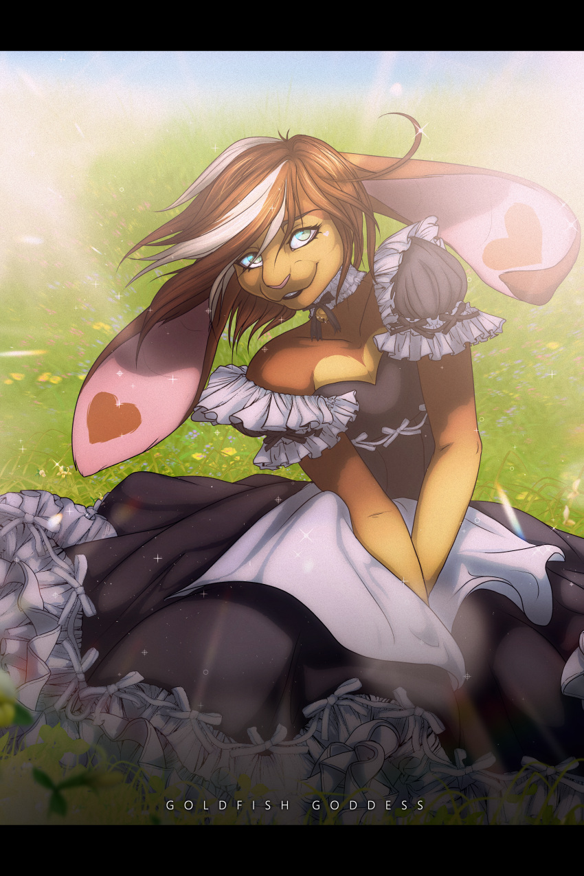 2:3 absurd_res anthro black_bars clothing domestic_rabbit flower goldish_goddess heart_symbol hi_res highlights_(coloring) holland_lop lagomorph leporid letterbox light looking_at_viewer lop_rabbit maid_uniform male mammal namu oryctolagus plant rabbit sitting smile solo sunlight uniform