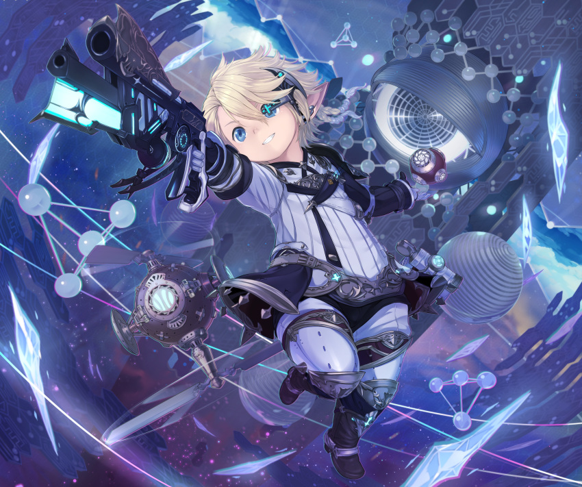 1boy blonde_hair blue_eyes earrings ell final_fantasy final_fantasy_xiv floating floating_hair gloves glowing gun highres holding holding_gun holding_weapon jewelry lalafell machinist_(final_fantasy) male_focus omega_(final_fantasy) parted_lips pointing_gun pointing_weapon pointy_ears robot single_earring smile solo teeth warrior_of_light_(ff14) weapon white_gloves