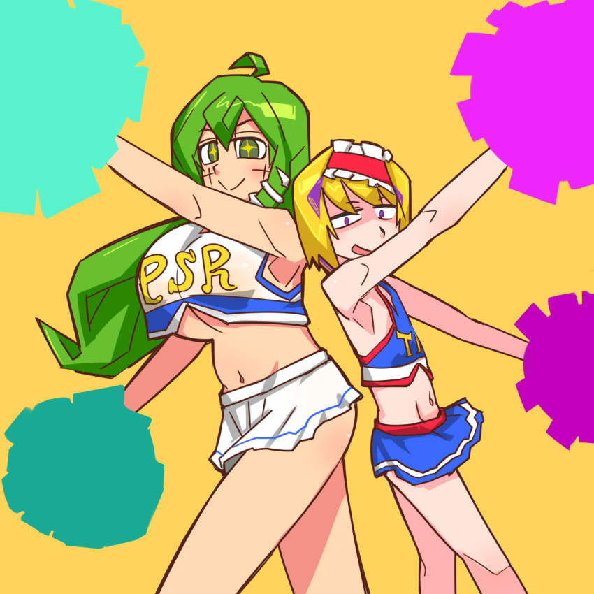 +_+ 2girls ahoge alice_margatroid blonde_hair blue_shirt blue_skin breasts cheerleader closed_mouth clothes_writing colored_skin commentary_request cookie_(touhou) crop_top facepaint feet_out_of_frame flat_chest frilled_hairband frills green_eyes green_hair hairband highres huge_breasts kochiya_sanae long_hair looking_at_viewer midriff miniskirt multiple_girls navel open_mouth parody paseri_(cookie) pom_pom_(cheerleading) purple_eyes red_hairband scotch_(cookie)_(style) shirt short_hair simple_background skinny skirt sleeveless sleeveless_shirt smile style_parody tagechan taisa_(cookie) touhou underboob white_shirt white_skirt yellow_background