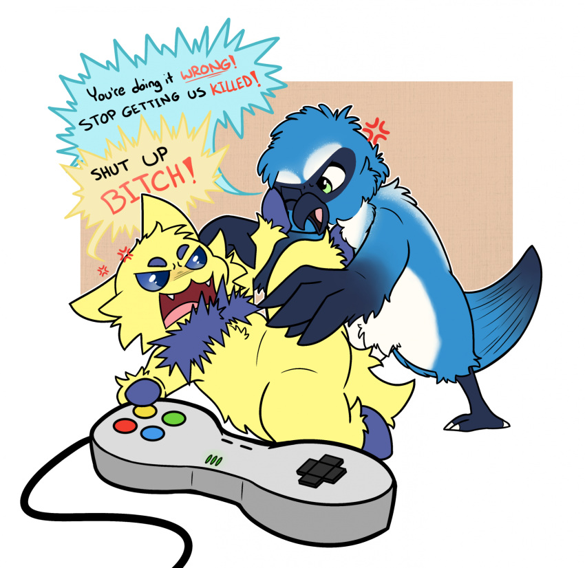 2023 ambiguous_gender anthro avian beak biped bird blue_beak blue_body blue_feathers blue_fur blue_pupils blue_sclera bluebird controller cross-popping_vein cute_fangs dialogue digital_drawing_(artwork) digital_media_(artwork) duo english_text feathers fight flytermo2 fur game_controller generation_5_pokemon gorda_punta green_eyes hi_res jax_vix joltik nintendo one_eye_closed open_beak open_mouth oscine passerine pokemon pokemon_(species) profanity pupils speech_bubble super_nintendo_controller text thrush_(bird) winged_arms wings yellow_body yellow_fur