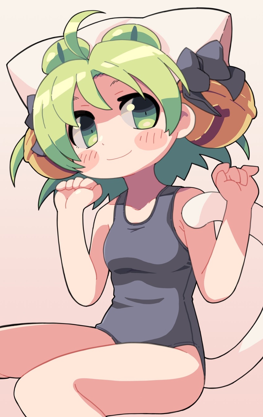 ahoge alternate_costume animal_hat bell black_one-piece_swimsuit blush breasts cat_hat cat_tail closed_mouth commentary dejiko di_gi_charat feet_out_of_frame female gradient_background green_eyes green_hair hair_bell hair_ornament hat highres jingle_bell looking_at_viewer medium_breasts one-piece_swimsuit paw_pose pink_background short_hair smile solo swimsuit tail ugif