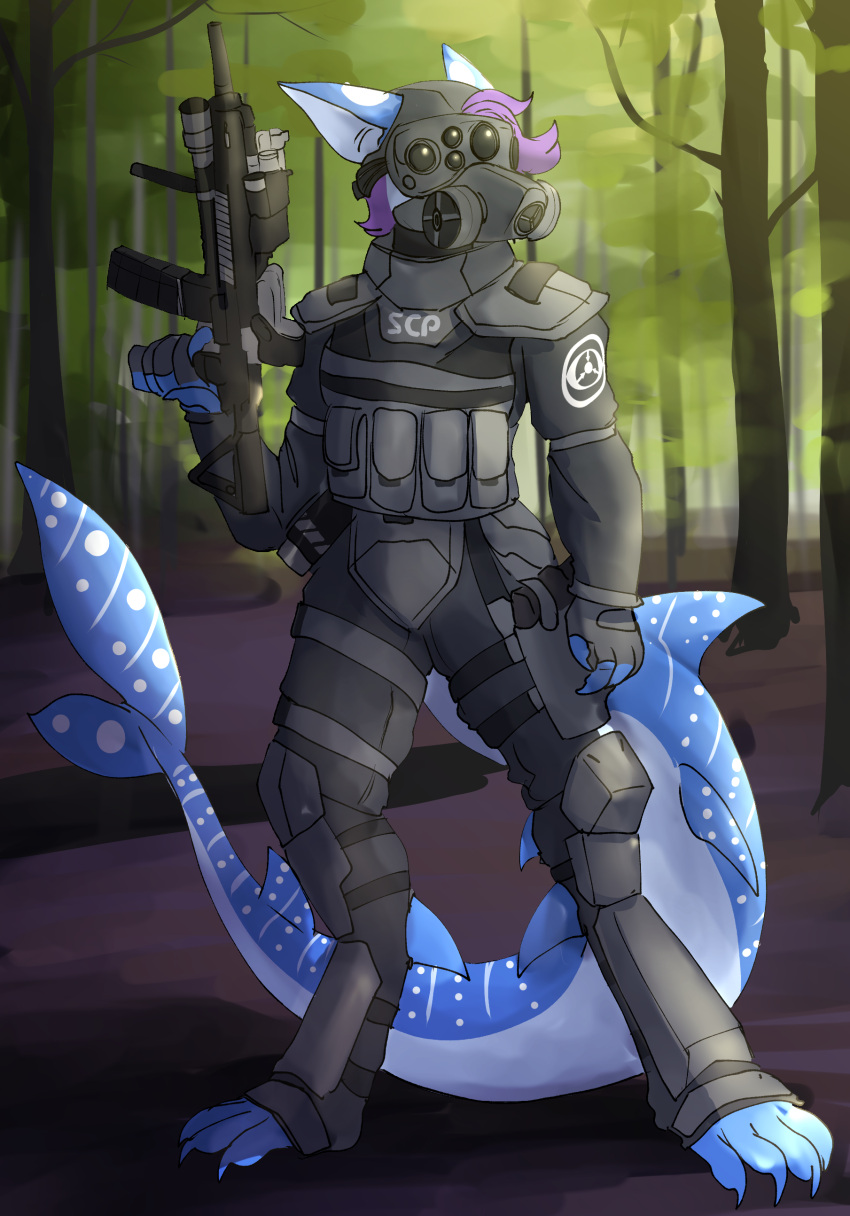 absurd_res anthro armor big_tail blue_body blue_skin body_armor carpet_shark combat_armor female fish forest forest_background gas_mask gun hair hi_res ketzel99 looking_aside marine mask mobile_task_force mobile_task_force_eta-10 nature nature_background night_vision_goggles plant purple_hair ranged_weapon rigel_(1stsavagery) scp_foundation shark solo tactical_gear tail thick_tail tree weapon whale_shark white_body white_skin