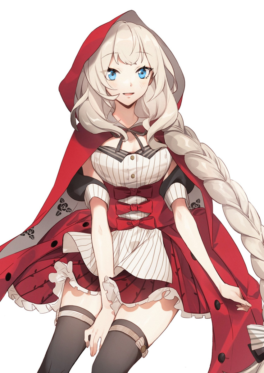 belt black_thighhighs blue_eyes braid braided_ponytail breasts capelet commentary fate/grand_order fate_(series) female grey_hair highres hood hooded_capelet little_red_riding_hood long_hair looking_at_viewer marie_antoinette_(fate) marie_antoinette_(festival_outfit)_(fate) no-kan official_alternate_costume open_mouth ribbon simple_background skirt solo symbol-only_commentary thighhighs white_background