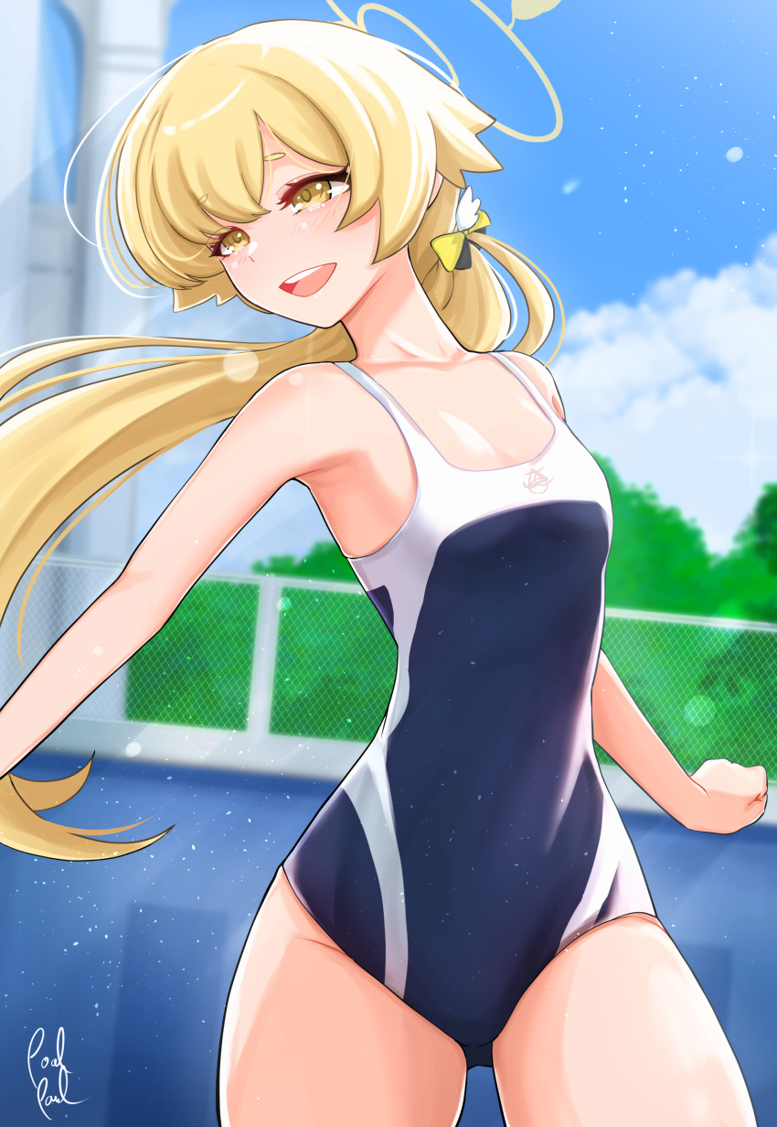 :d absurdres blonde_hair blue_archive blue_one-piece_swimsuit blurry blurry_background bow breasts chain-link_fence competition_school_swimsuit competition_swimsuit cowboy_shot day english_commentary female fence hairbow halo hifumi_(blue_archive) highres long_hair looking_to_the_side low_ponytail nontraditional_school_swimsuit one-piece_swimsuit outdoors poolpool school_swimsuit short_eyebrows signature small_breasts smile solo swimsuit teeth tongue upper_teeth_only yellow_bow yellow_eyes