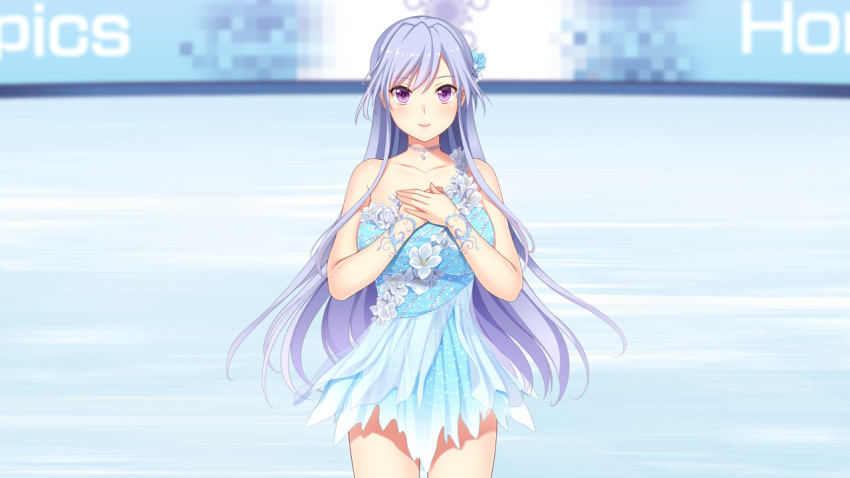 akino_subaru blue_dress breasts closed_mouth collarbone cowboy_shot dress female floating_hair game_cg gin'iro_haruka grey_hair hair_between_eyes hair_ornament jewelry kisaragi_mizuha large_breasts long_hair looking_at_viewer necklace purple_eyes shiny_skin short_dress skating_rink sleeveless sleeveless_dress smile solo standing very_long_hair