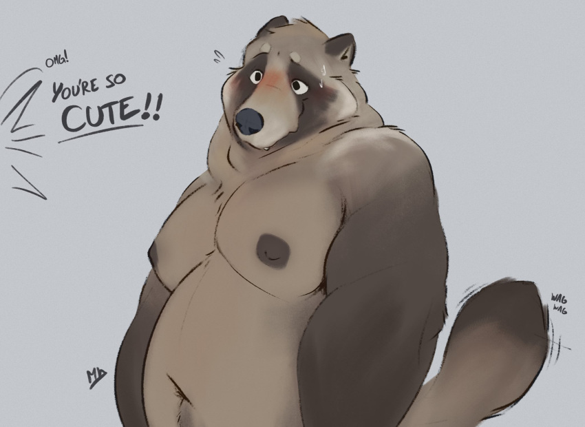 2021 anthro belly blush brown_body brown_fur canid canine double_chin english_text fur hi_res male mammal minedoo moobs navel nipples overweight overweight_anthro overweight_male raccoon_dog simple_background solo tail tail_motion tailwag tanuki text