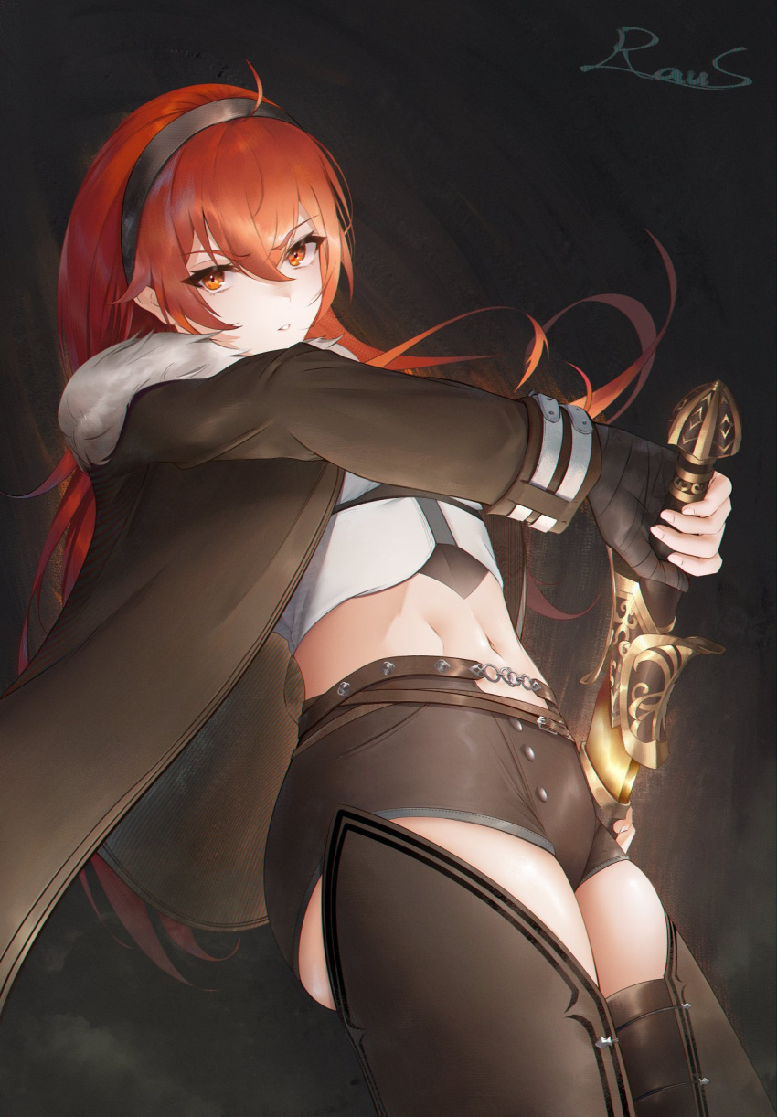 ahoge artist_name black_hairband boots brown_coat brown_footwear brown_gloves brown_shorts coat commentary drawing_sword eris_greyrat female fur-trimmed_coat fur_trim gloves hair_between_eyes hairband highres holding holding_sword holding_weapon long_hair midriff mushoku_tensei navel parted_lips partially_fingerless_gloves rausu_(undeadmachine) red_eyes red_hair serious shirt short_shorts shorts solo sword thigh_boots weapon white_shirt