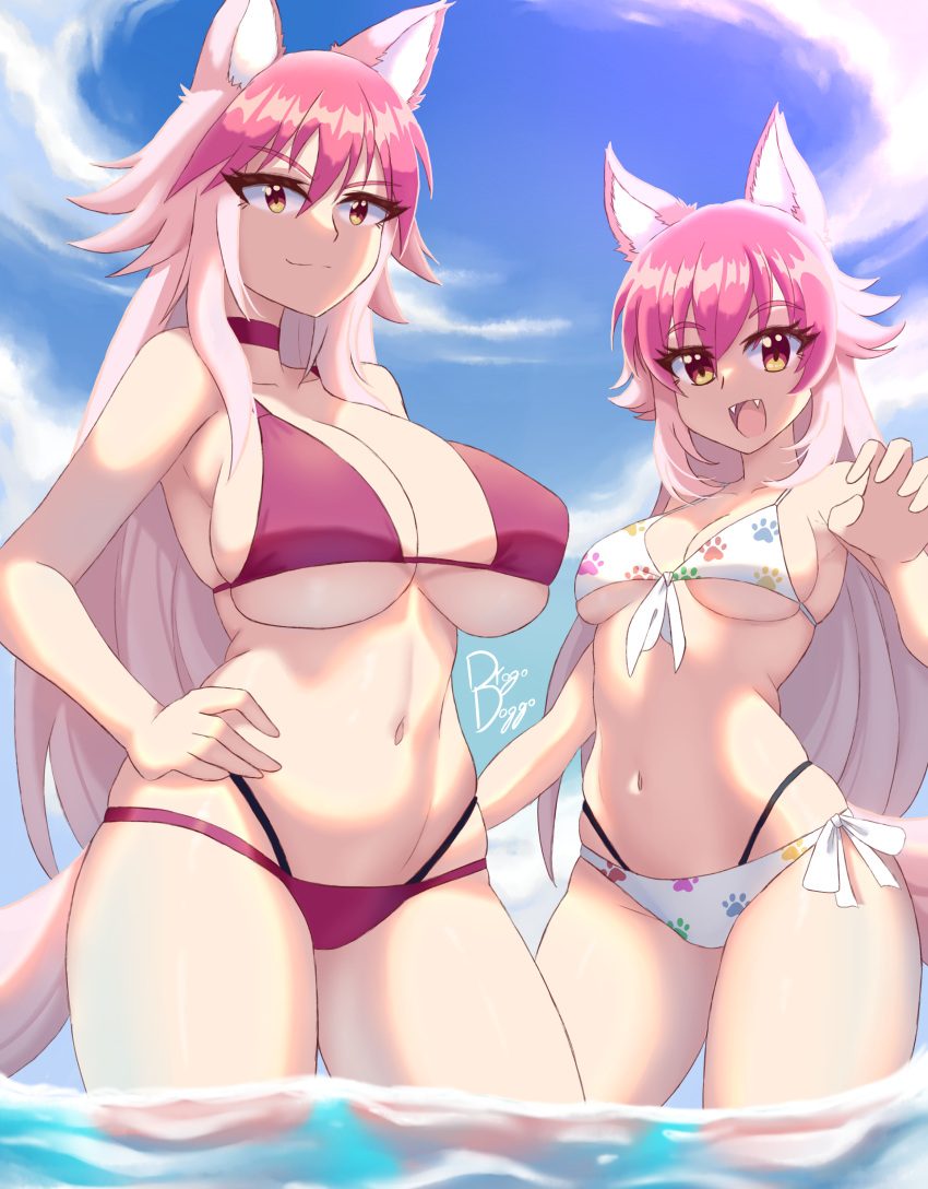 2girls absurdres aged_up alternate_breast_size animal_ear_fluff animal_ears bikini bow breasts claw_pose commentary drogo_doggo gradient_hair hands_on_own_stomach highres large_breasts medium_breasts multicolored_hair multiple_girls murenase!_shiiton_gakuen navel okami_feriru okami_ranka orange_eyes pink_bikini siblings sisters spanish_commentary swimsuit tail white_bikini wolf_ears wolf_girl wolf_tail