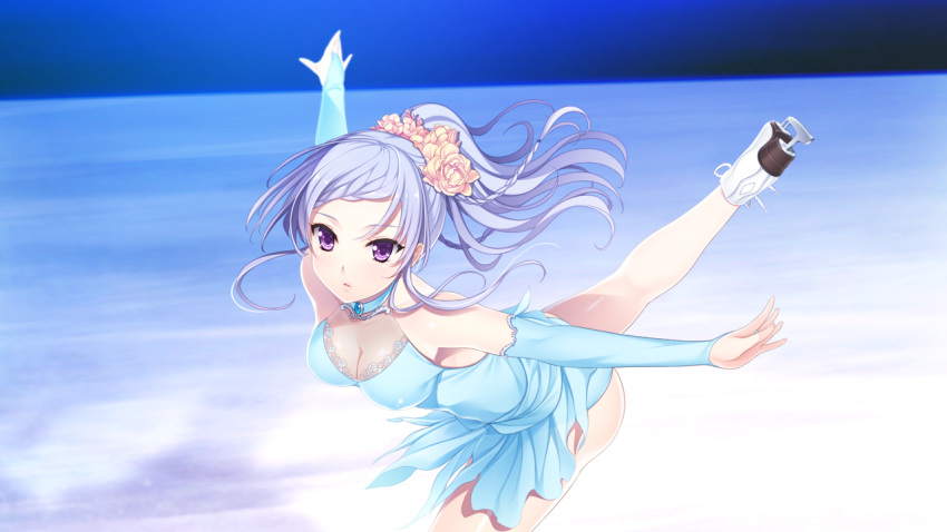 akino_subaru blue_dress blue_sleeves braid breasts bridal_gauntlets cleavage closed_mouth detached_sleeves dress female floating_hair flower game_cg gin'iro_haruka grey_hair hair_flower hair_ornament ice_skates ice_skating kisaragi_mizuha leg_up long_hair long_sleeves medium_breasts outstretched_arms pink_flower purple_eyes short_dress skates skating skating_rink sleeveless sleeveless_dress solo swept_bangs very_long_hair