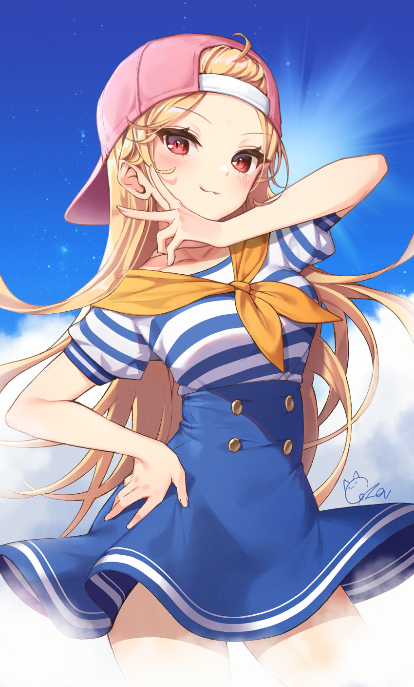 absurdres ahoge backwards_hat bare_shoulders blonde_hair blue_skirt blue_sky blush breasts closed_mouth cloud cloudy_sky commentary commission day female forehead hand_on_own_hip hat high-waist_skirt highres konbu_(hida123) long_hair medium_breasts off-shoulder_shirt off_shoulder original outdoors pink_hat puffy_short_sleeves puffy_sleeves red_eyes shirt short_sleeves signature skirt sky smile solo striped_clothes striped_shirt very_long_hair