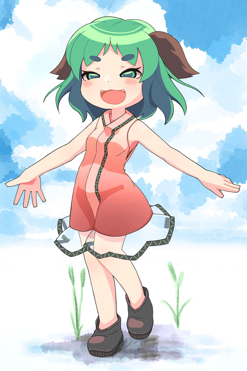 :3 adapted_costume animal_ears black_footwear blush breasts cattail commentary dog_ears dress fangs female full_body green_eyes green_hair highres kasodani_kyouko looking_at_viewer open_mouth pink_dress plant shoes short_hair sleeveless sleeveless_dress small_breasts smile solo touhou ugif