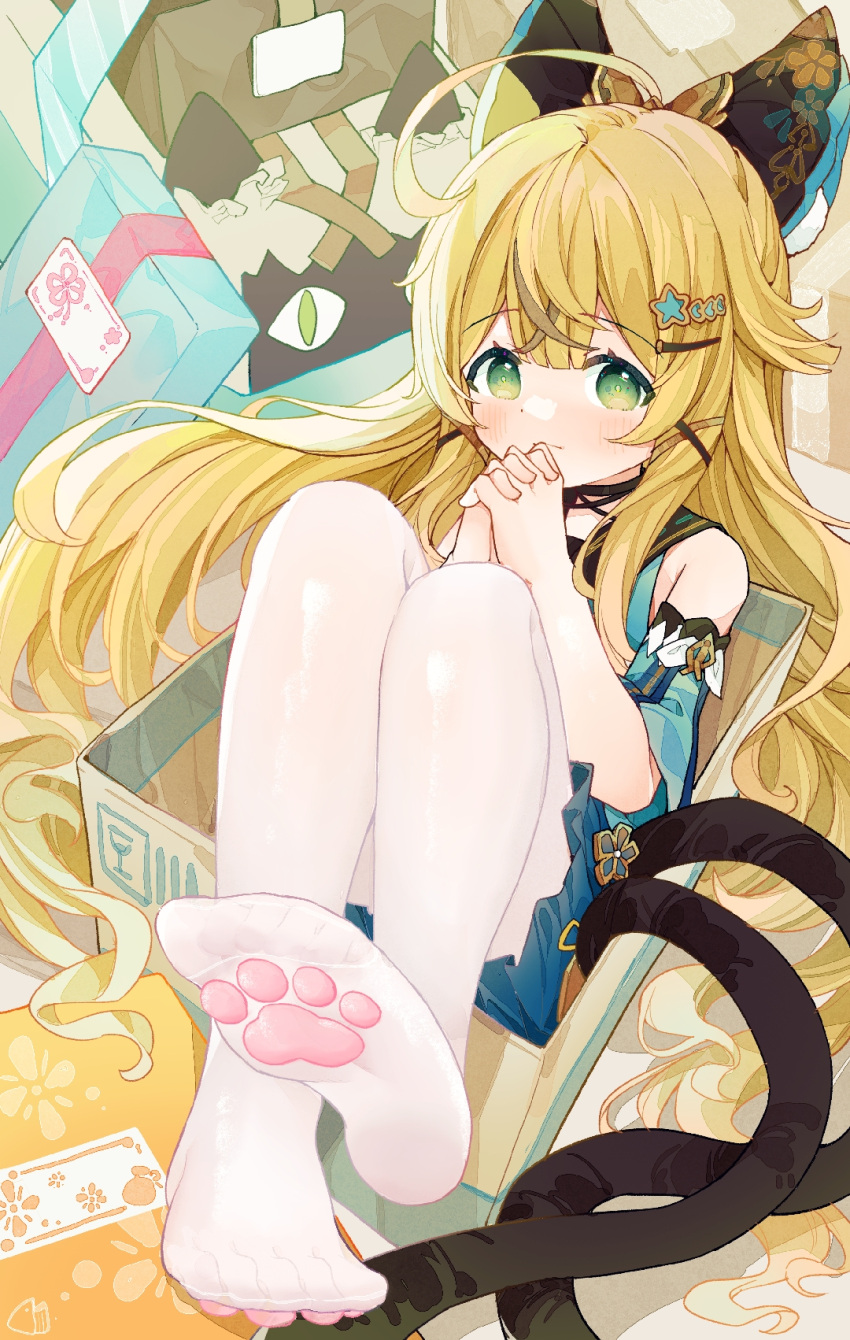 ahoge bare_shoulders blonde_hair blush box feet female genshin_impact hair_ornament highres in_box in_container kirara_(cat)_(genshin_impact) kirara_(genshin_impact) looking_at_viewer multiple_tails no_shoes own_hands_together pantyhose paw_print paw_socks soles solo tail two_tails white_pantyhose xianyuzi