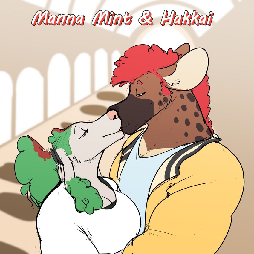 1:1 anthro bear canid canine canis closed_eyes clothed clothing domestic_dog duo female frohawk fur fur_markings hair hi_res hybrid hyena kissing male male/female mammal manna-mint markings married_couple mohawk mr.hakkai poodle ritts spotted_hyena