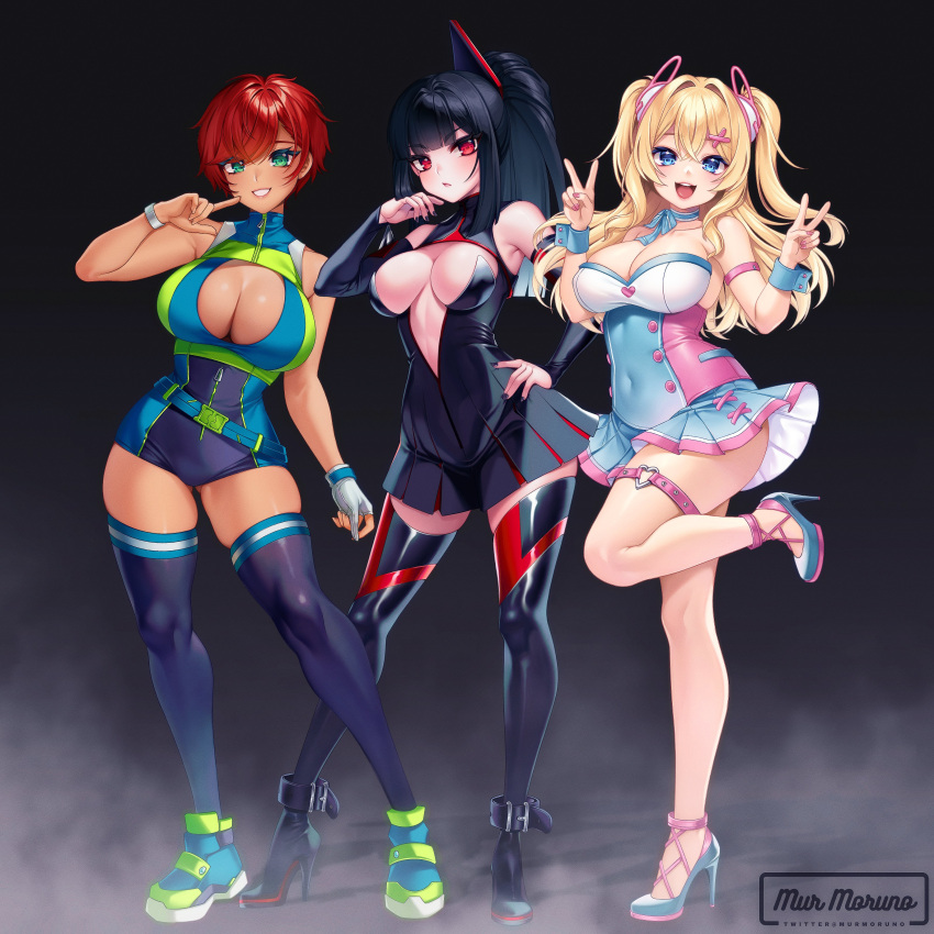 3girls absurdres black_footwear black_hair blonde_hair blue_eyes blue_footwear blush boots breasts cleavage closed_mouth commission copyright_name dark-skinned_female dark_skin double_v gloves green_eyes grey_gloves grin high_heel_boots high_heels highres large_breasts long_hair multiple_girls murmoruno open_mouth original parted_lips partially_fingerless_gloves red_eyes red_hair shoes short_hair single_glove smile sneakers teeth thigh_strap upper_teeth_only v