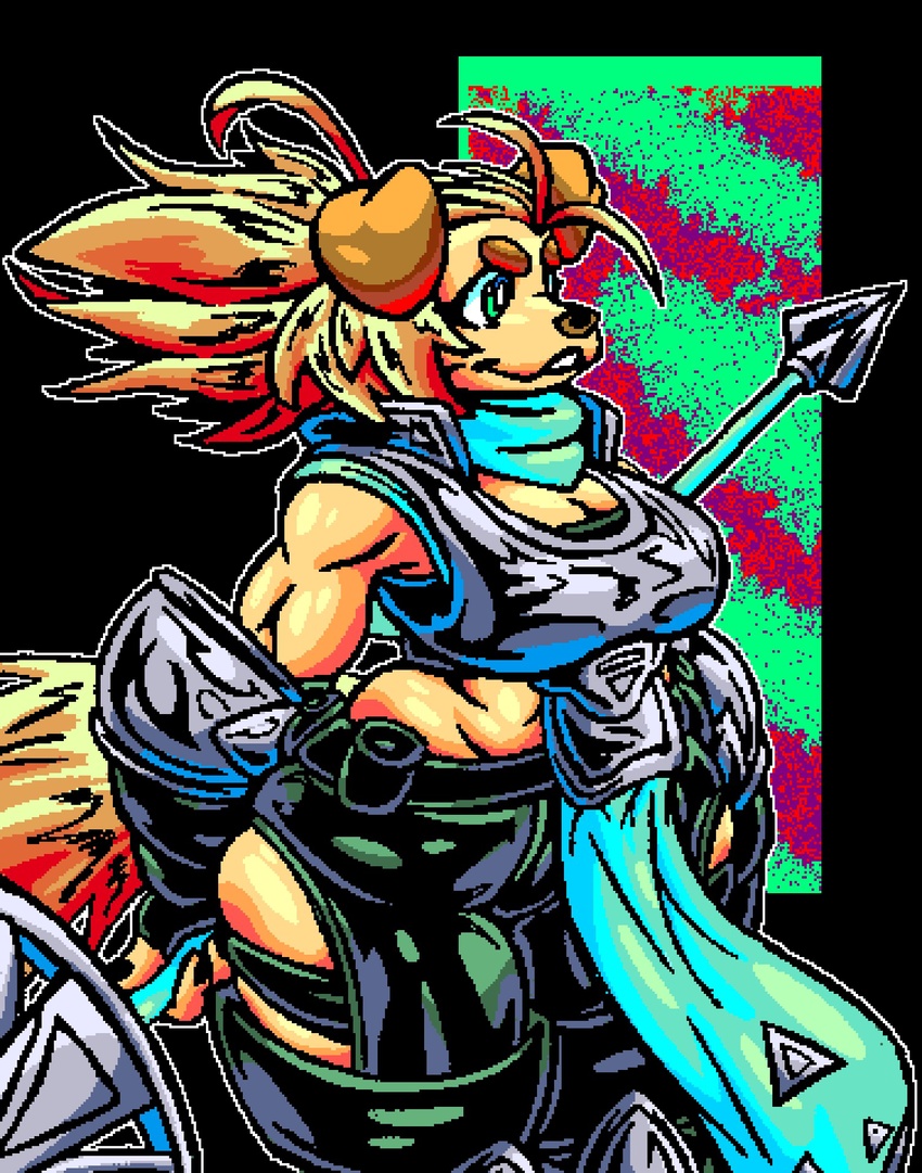 2022 anthro bird_dog blonde_hair breasts canid canine canis cleavage clothed clothing dog_knight_rpg domestic_dog female fur golden_retriever green_eyes hair hi_res hunting_dog mammal melee_weapon muscular muscular_anthro muscular_female polearm ponytail retriever riza_(cliffpadfoot) scarf solo spear tan_body tan_fur th3gadfly weapon