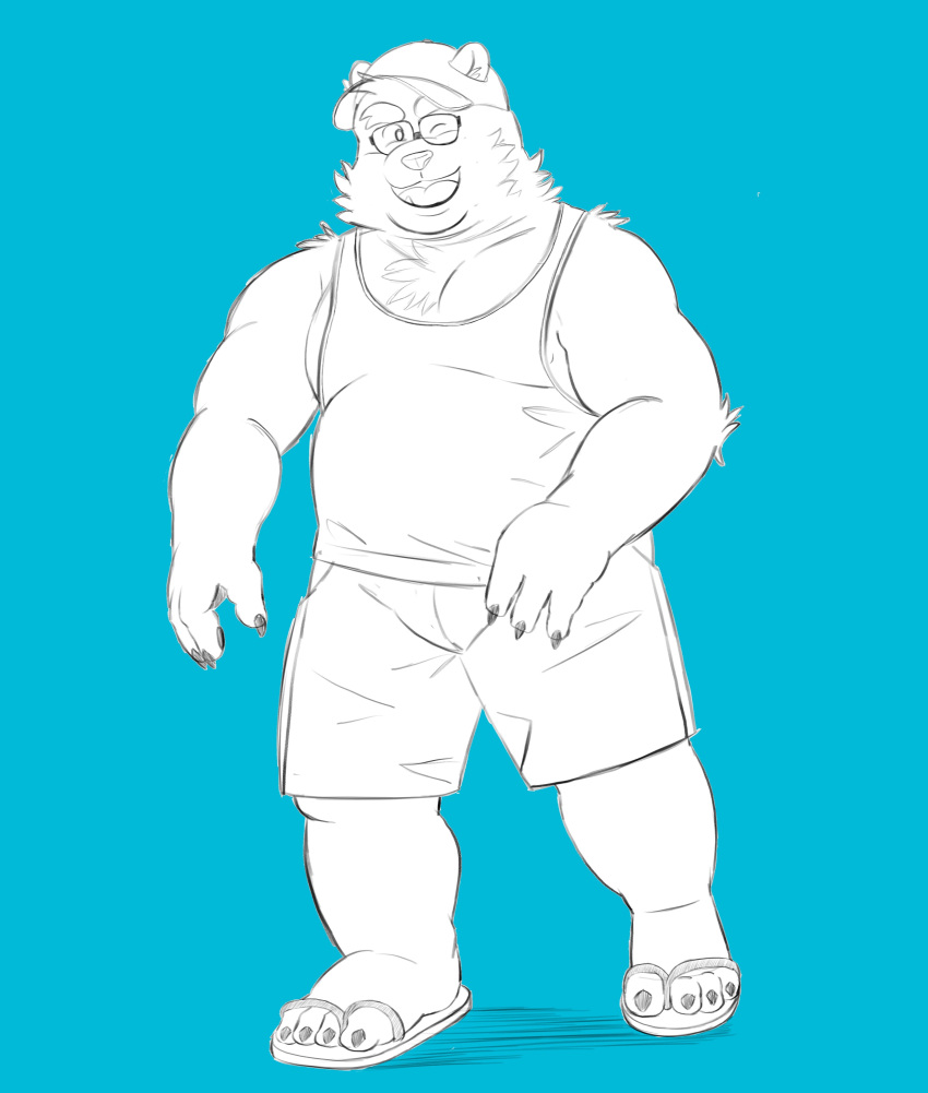 2022 absurd_res american_black_bear anthro black_bear blue_background bottomwear clothing delivery_bear_service eyewear footwear glasses hat headgear headwear hi_res humanoid_hands kamui_shirow kemono kermode_bear male mammal one_eye_closed overweight overweight_male sandals shirt shorts simple_background solo topwear ursid ursine wink