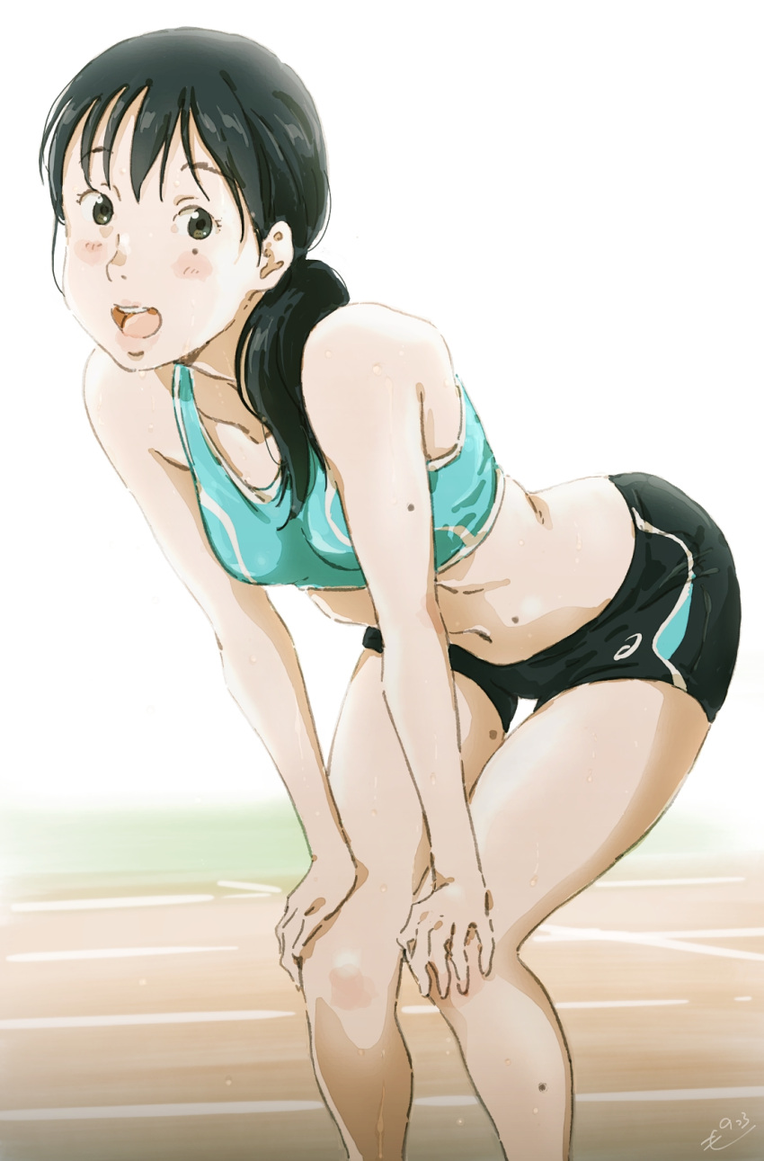 :d artist_name asics bare_shoulders bent_over black_hair black_shorts blue_sports_bra blush brown_eyes collarbone commentary dripping feet_out_of_frame female hair_over_shoulder hands_on_own_knees highres leaning_forward lips looking_at_viewer midriff mole mole_on_arm mole_on_leg mole_on_stomach mole_under_eye monodevil navel open_mouth original ponytail running_track short_shorts shorts signature smile solo sports_bra squatting sweat track_and_field underwear white_background