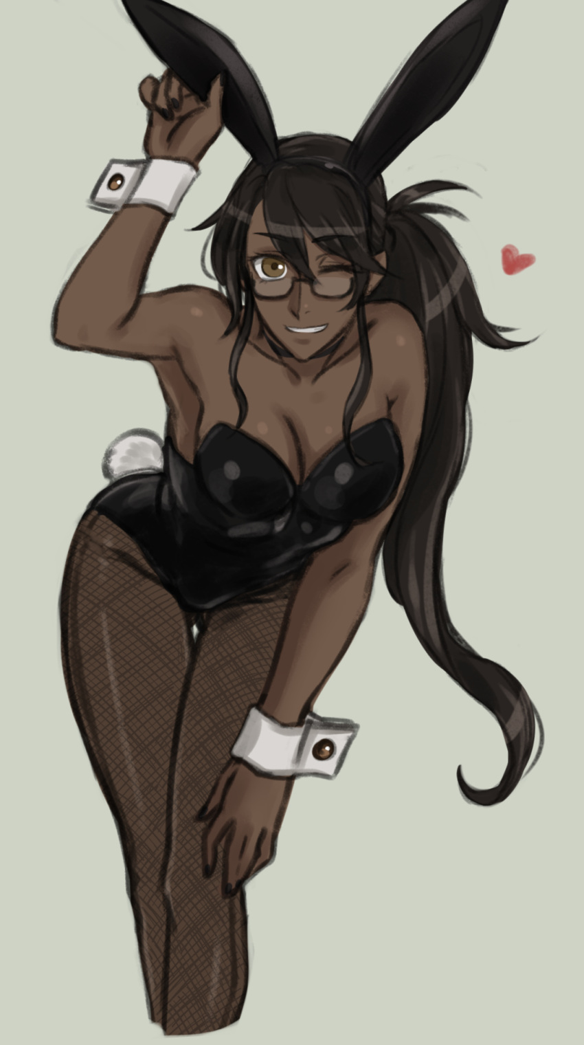 animal_ears ass_visible_through_thighs bare_shoulders bent_over breasts brown_hair cleavage collarbone commentary_request dark-skinned_female dark_skin drill_(emilio) feet_out_of_frame female glasses grey_background hair_between_eyes heart highres leotard long_hair looking_at_viewer medium_breasts myra_(drill_(emilio)) one_eye_closed original pantyhose playboy_bunny ponytail rabbit_ears rabbit_tail simple_background smile solo strapless strapless_leotard tail wrist_cuffs