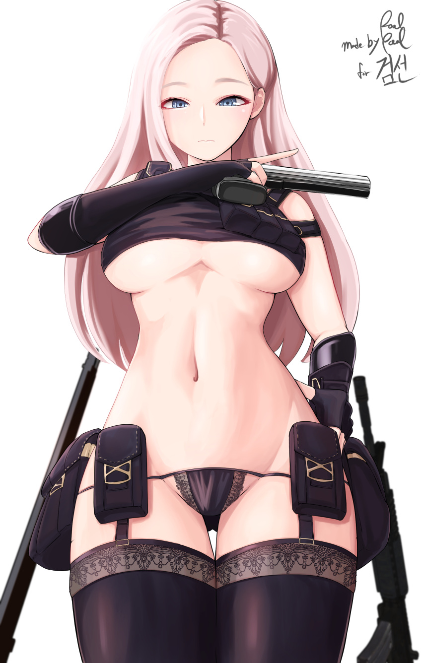 absurdres arm_across_chest assault_rifle bag black_gloves black_panties black_thighhighs blue_eyes breasts closed_mouth commission crop_top cropped_shirt elbow_gloves english_commentary female fingerless_gloves forehead garter_straps gloves gun gunslinger_(lost_ark) hand_on_own_hip handgun highres holding holding_gun holding_weapon large_breasts light_blush linea_alba long_hair looking_at_viewer lost_ark m16 m16a4 navel nervous panties parted_bangs pink_hair poolpool rifle satchel signature simple_background solo string_panties thigh_gap thighhighs trigger_discipline underboob underwear wavy_mouth weapon white_background