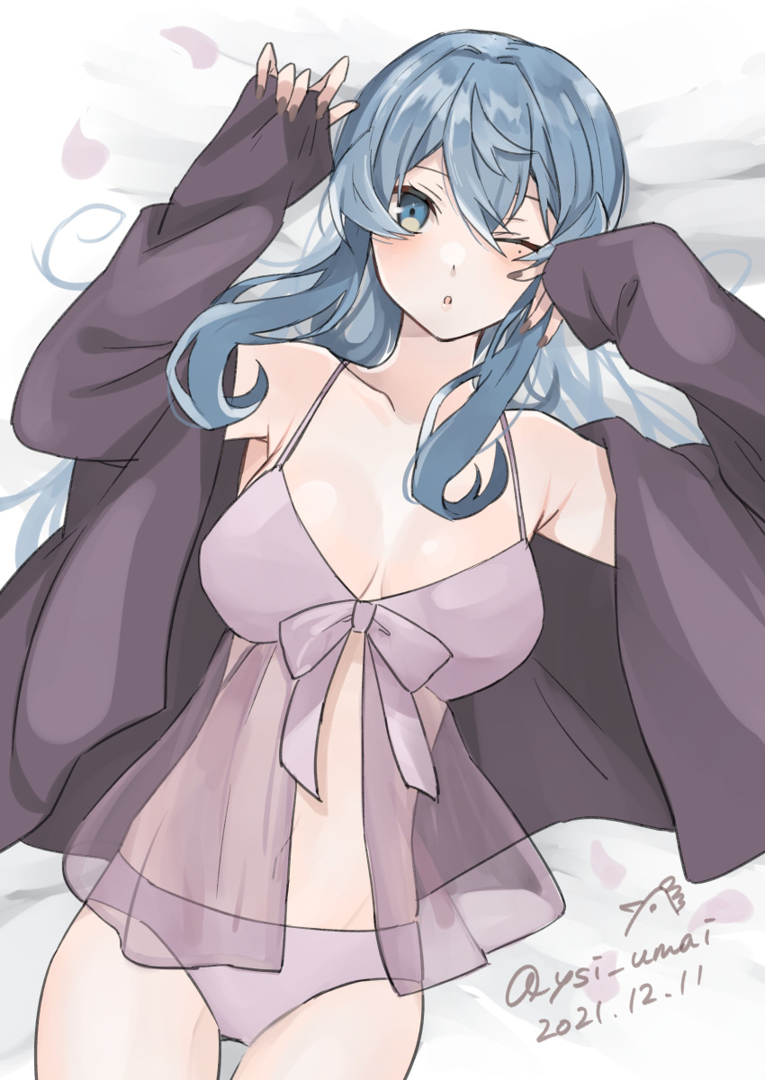 absurdres babydoll black_jacket blue_eyes blue_hair commentary_request cowboy_shot dated female gotland_(kancolle) grey_babydoll grey_panties highres jacket kantai_collection long_hair looking_at_viewer lying mole mole_under_eye one-hour_drawing_challenge one_eye_closed panties solo toriniku_senshi_chikinman twitter_username underwear