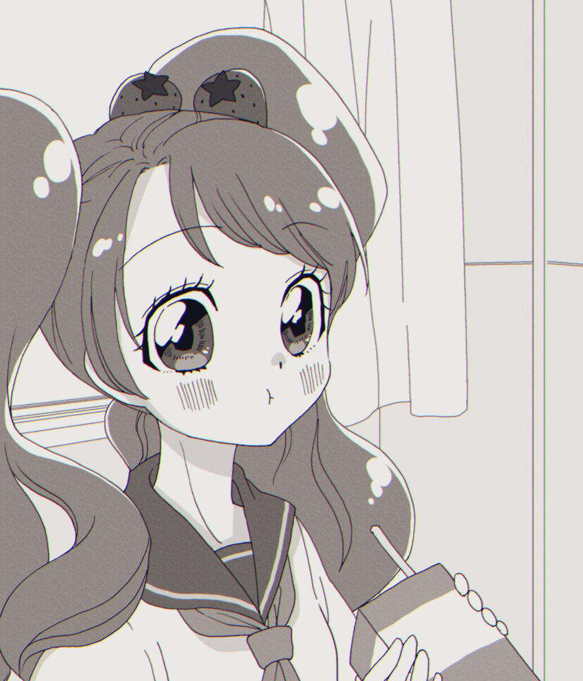 :t aji_fry bad_id bad_twitter_id blouse blush box classroom commentary curtains drink drinking_straw female food-themed_hair_ornament greyscale hair_ornament highres holding holding_box holding_drink ichigozaka_middle_school_uniform indoors juice_box kirakira_precure_a_la_mode long_hair looking_at_viewer monochrome neckerchief portrait pout precure school_uniform serafuku shirt solo strawberry_hair_ornament swept_bangs twintails usami_ichika window