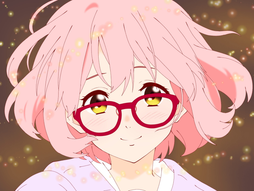 blush bob_cut brown_background closed_mouth commentary_request female glasses highres kuriyama_mirai kyoukai_no_kanata light_particles looking_at_viewer maou_(ajtdmw369) partial_commentary pink_hair portrait red-framed_eyewear shirt short_hair smile solo white_shirt yellow_eyes