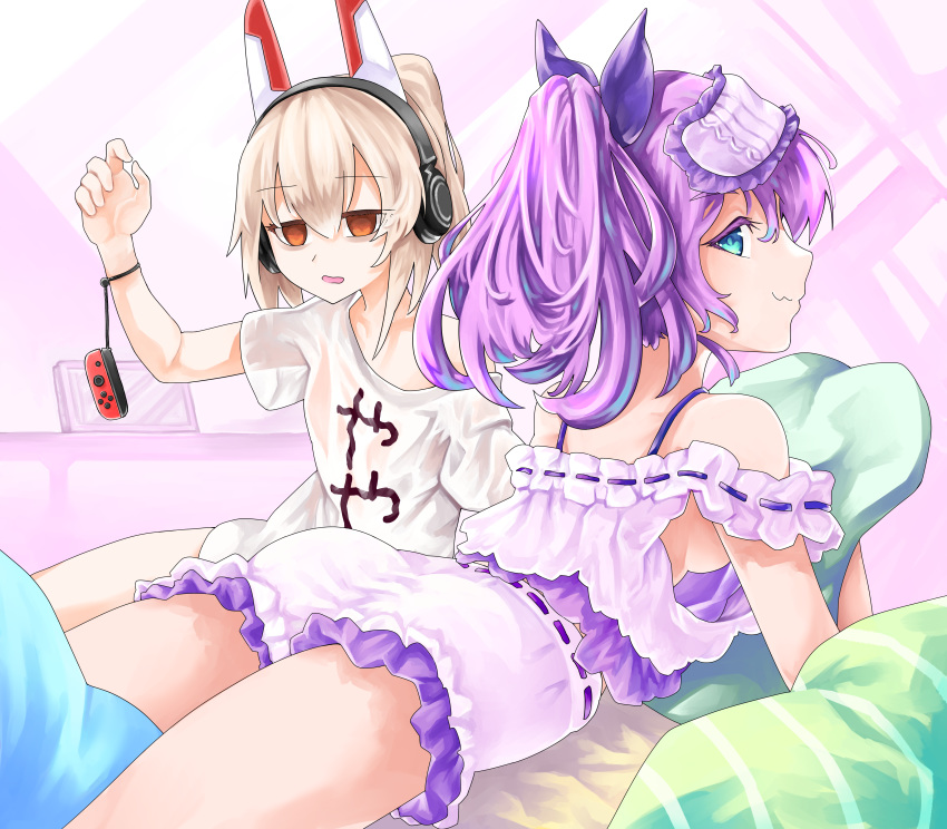 2girls :3 absurdres ass ayanami_(azur_lane) ayanami_(niconico)_(azur_lane) azur_lane bad_id bad_pixiv_id bed bed_sheet blonde_hair breasts commentary_request controller empty_eyes eye_mask frilled_shorts frills game_controller green_eyes hair_ribbon headgear headphones highres hugging_object javelin_(azur_lane) javelin_(operation:_pillow_fight!)_(azur_lane) joy-con long_hair looking_at_viewer looking_back lying mask mask_on_head multiple_girls nintendo_switch official_alternate_costume on_stomach orange_eyes oversized_clothes oversized_shirt pajamas parted_lips pillow pillow_hug ponytail purple_hair ribbon shirt short_shorts shorts sideboob sleepover t-shirt take_yaki translated