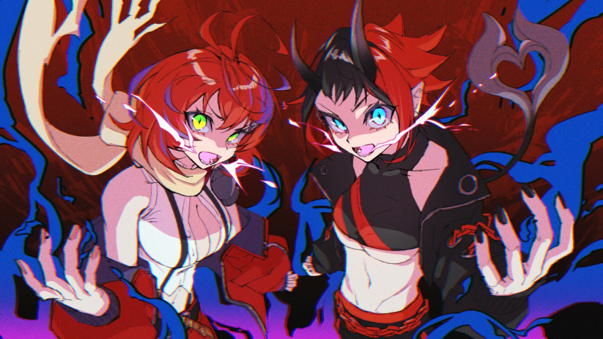 2girls akane_canna akane_canna_(1st_costume) black_hair black_jacket black_nails black_sports_bra blue_eyes breasts buttons chains cleavage commentary_request crop_top demon_girl demon_horns demon_tail fingernails gin_(tttetu123) green_eyes highres horns jacket large_breasts long_sleeves looking_at_viewer medium_bangs midriff multicolored_hair multiple_girls nanashi_inc. navel off_shoulder open_clothes open_jacket open_mouth open_shirt pointy_ears purple_hair red_background red_hair red_jacket red_sports_bra ryugasaki_rene shaded_face shirt short_bangs short_hair sleeveless sleeveless_shirt sports_bra streaked_hair tail two-tone_hair two-tone_sports_bra underboob upper_body v-shaped_eyebrows virtual_youtuber white_shirt