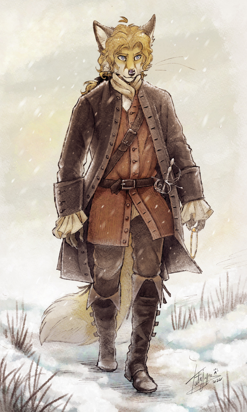 2022 absurd_res anthro boots bottomwear canid canine clothing edgar_vladilisitsa footwear fox full-length_portrait hair hi_res male mammal melee_weapon pants portrait rapier signature snow solo sword tatujapa topwear traditional_media_(artwork) victorian walking wavy_mouth weapon