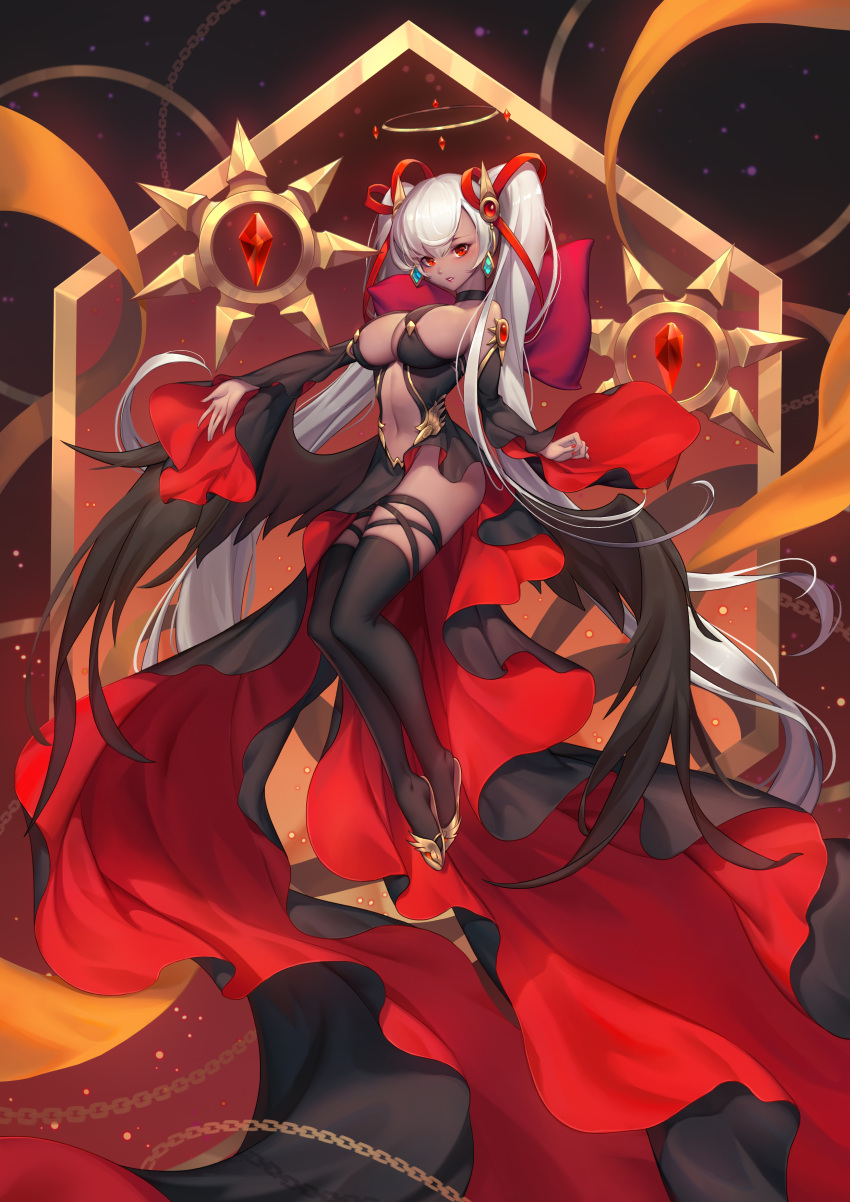 absurdly_long_hair absurdres areolae back_bow bare_shoulders black_dress black_thighhighs black_wings bow breasts center_opening choker crystal dark-skinned_female dark_skin detached_sleeves dress earrings feathered_wings female flower gem hagoromo hair_ribbon hexagon highres jewelry large_breasts lipstick long_dress long_hair looking_at_viewer low_wings makeup nail_polish nana_ann navel original outstretched_arm red_eyes red_gemstone red_nails revealing_clothes ribbon shawl shoe_dangle skindentation solo sun_symbol thigh_strap thighhighs tress_ribbon twintails two-sided_dress two-sided_fabric very_long_hair white_hair wide_sleeves winged_footwear wings yellow_flower