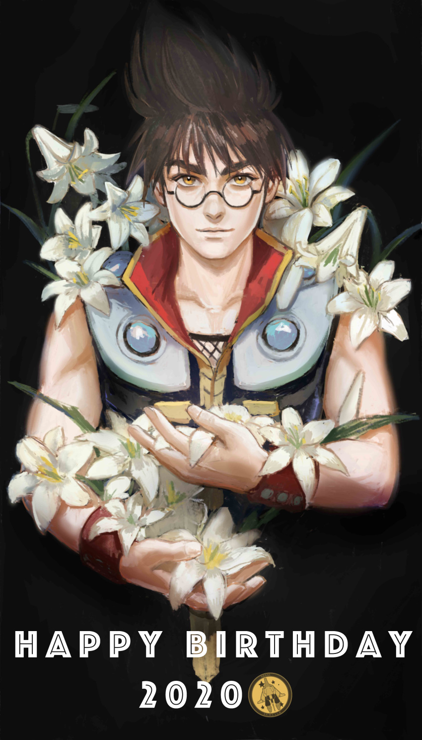 1boy absurdres black_background brown_hair flower glasses happy_birthday highres holding holding_flower looking_at_viewer macross macross_7 male_focus nekki_basara nekkikamille round_eyewear solo yellow_eyes