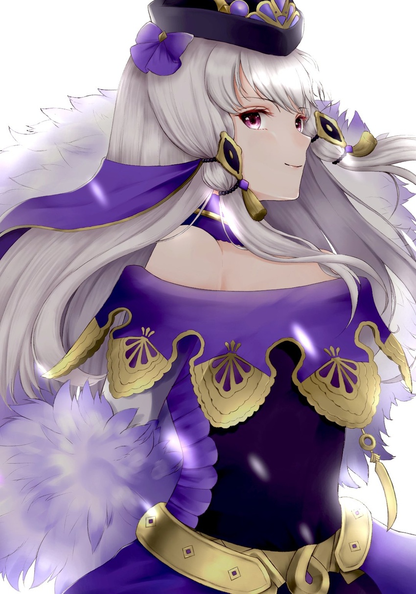 aplche bare_shoulders black_hat closed_mouth commentary dress female fire_emblem fire_emblem:_three_houses fire_emblem_heroes fur_trim hair_ornament hat highres long_hair looking_at_viewer lysithea_von_ordelia lysithea_von_ordelia_(a_new_future) official_alternate_costume pink_eyes purple_dress simple_background smile solo upper_body white_background white_hair