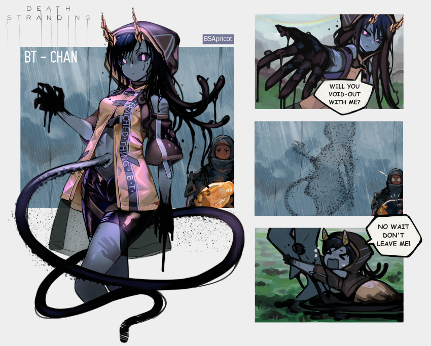 >_< 1other :t absurdres artist_name beached_thing bike_shorts black_sclera blue_skin bsapricot colored_sclera colored_skin commentary copyright_name cropped_legs death_stranding english_text female furrowed_brow highres hood hoodie horns jacket long_hair looking_at_viewer monster_girl o_o personification rain tentacle_hair umbilical_cord