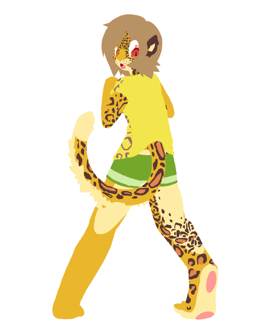 2011 alpha_channel anthro ass barefoot bottomwear brown_hair butt_pose clothed clothing countershade_feet countershading cute_fangs feet felid female hair hi_res humanoid leopard lineless looking_back mammal open_mouth pantherine pawpads paws pink_pawpads popstick pose rear_view red_eyes shorts simple_background soles solo species_transformation standing surprise tail toes transformation transparent_background