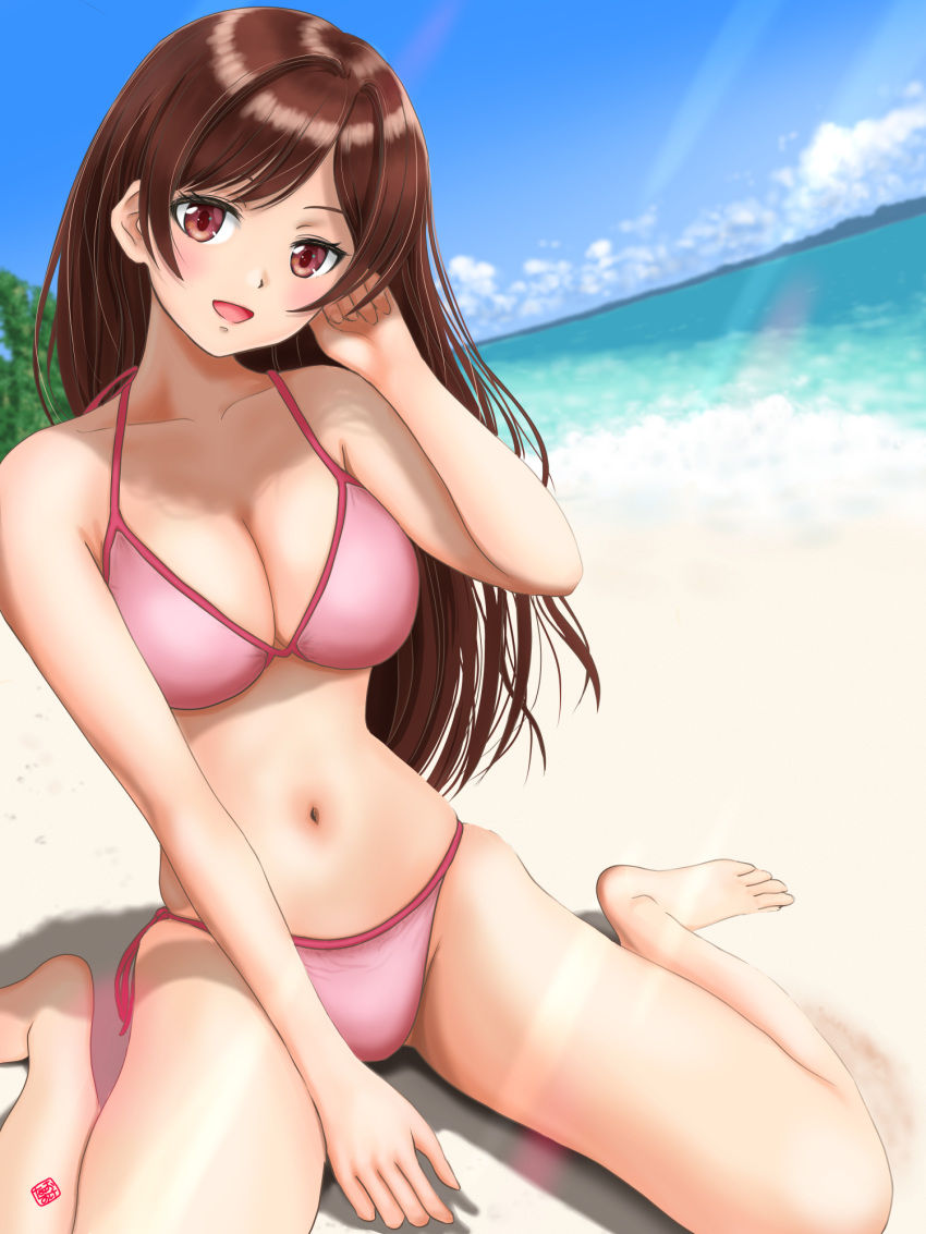 barefoot beach bikini blue_sky breasts brown_eyes brown_hair cleavage cloud commentary_request day female highres horizon kanojo_okarishimasu large_breasts long_hair looking_at_viewer mizuhara_chizuru nao_suke navel ocean outdoors pink_bikini side-tie_bikini_bottom sitting sky smile solo swimsuit wariza