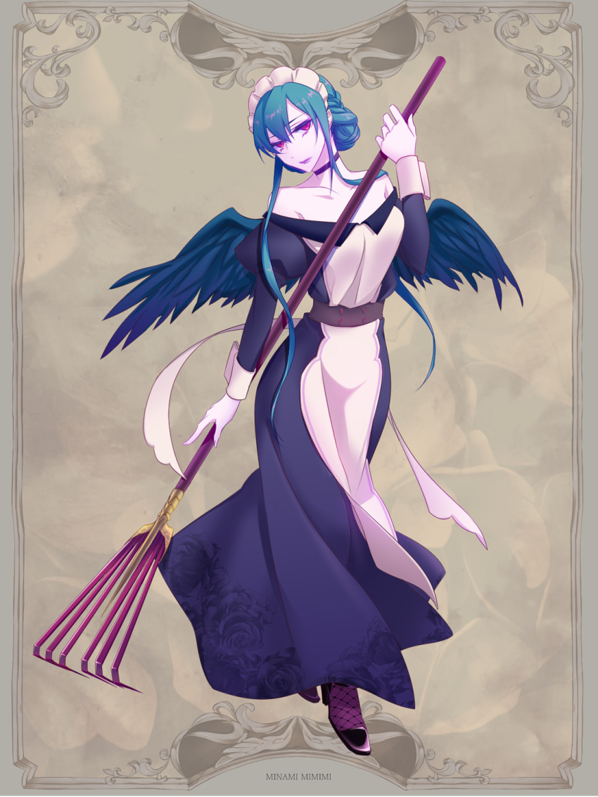 aqua_hair bare_shoulders black_choker black_dress character_name choker dress fantasy feathered_wings female headband highres juliet_sleeves long_hair long_sleeves maid mi3m minami_mimimi original pink_eyes puffy_sleeves rake sidelocks simple_background solo standing wings