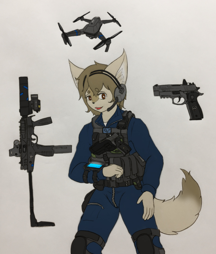 absurd_res anthro canid canine drone_(vehicle) edward_flemming_vishop fox gun hair handgun hi_res machine male mammal mercenary military ranged_weapon soldier solo warrior weapon zhs zzinhimsum