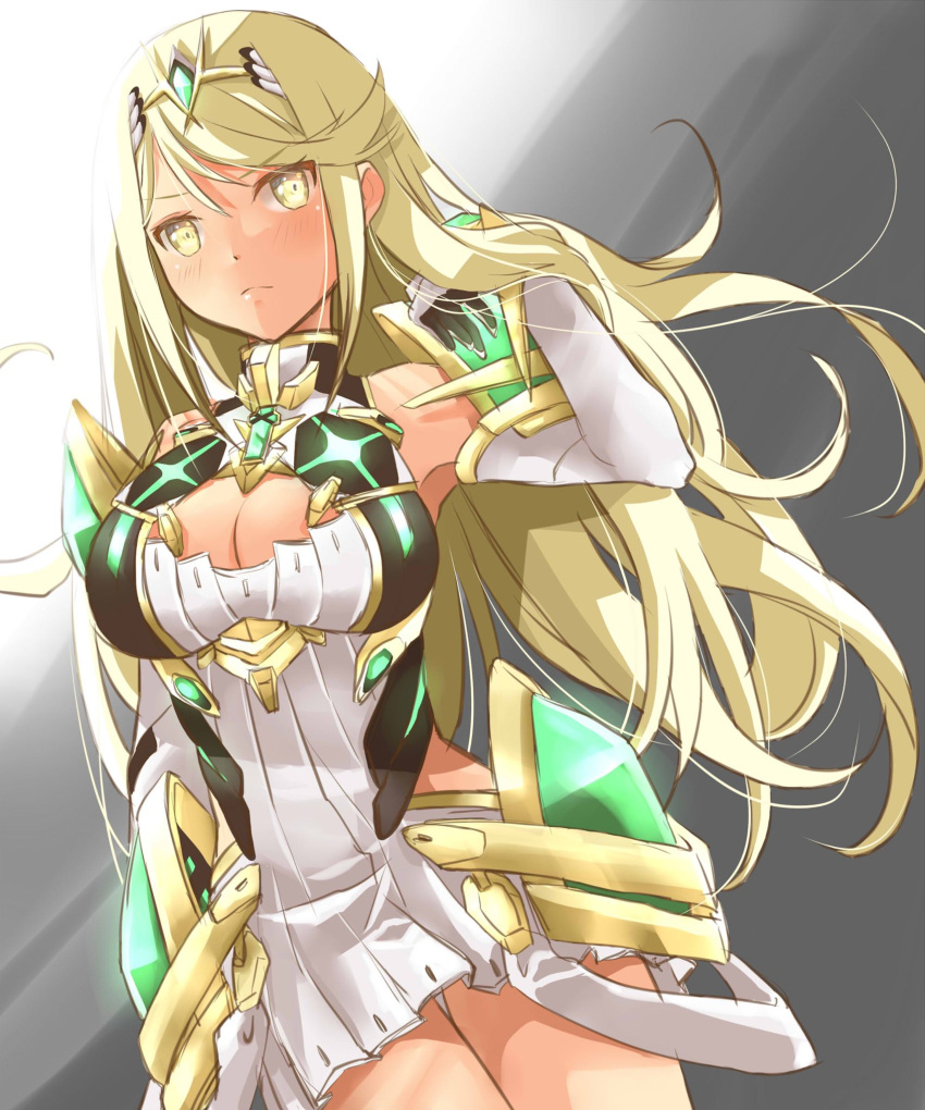 bad_id bad_twitter_id bare_legs bare_shoulders blonde_hair breasts chest_jewel cleavage cleavage_cutout clothing_cutout dress earrings elbow_gloves female gloves highres jewelry large_breasts long_hair mythra_(xenoblade) shiroxai short_dress swept_bangs thigh_strap tiara very_long_hair white_dress white_gloves xenoblade_chronicles_(series) xenoblade_chronicles_2 yellow_eyes