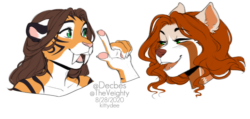 2020 5_fingers ailurid alex_marx anthro brown_hair countershading digital_media_(artwork) duo eyebrows eyelashes felid female fingers green_eyes hair kittydee laure_(alexthecatte) mammal open_mouth pantherine red_panda smile teeth tiger tongue tusks