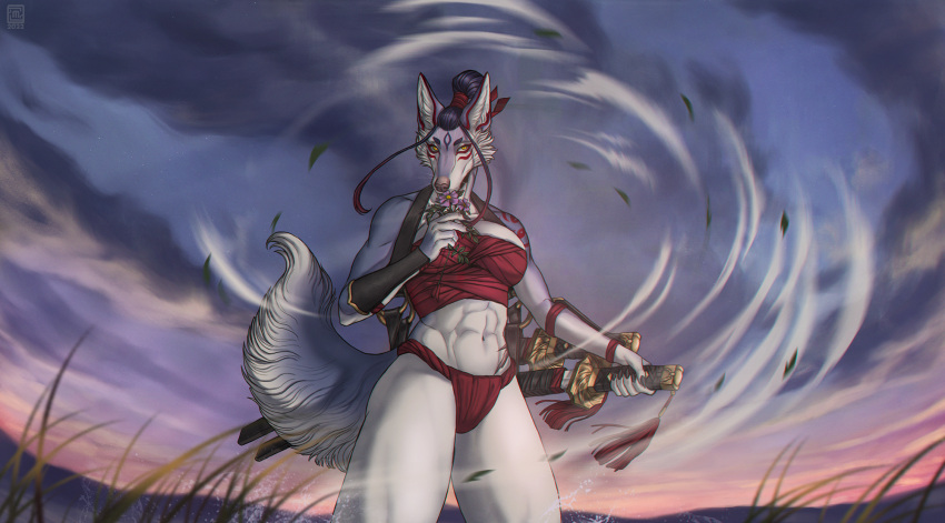 2022 abs anthro breasts canid canine canis clothed clothing day detailed_background digital_media_(artwork) female fur hair hi_res holding_melee_weapon holding_object holding_sword holding_weapon mammal melee_weapon moon-s outside sky solo sword weapon wolf