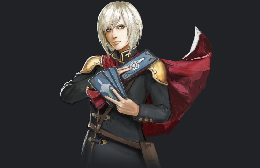 1boy absurdres ace_(fft-0) black_background blue_eyes cape card final_fantasy final_fantasy_type-0 floating_cape highres holding holding_card looking_to_the_side male_focus nekkikamille photoshop_(medium) realistic solo uniform white_hair