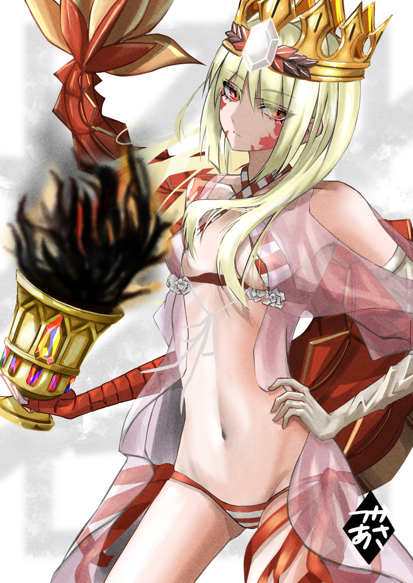 absurdres bikini breasts check_commentary commentary_request commission cosplay fate/grand_order fate_(series) female gold_crown highres long_hair looking_at_viewer navel nero_claudius_(fate) nero_claudius_(swimsuit_caster)_(fate) nero_claudius_(swimsuit_caster)_(fate)_(cosplay) pixiv_commission pointed_crown queen_draco_(fate) queen_draco_(second_ascension)_(fate) simple_background small_breasts solo standing swimsuit tsukaasa