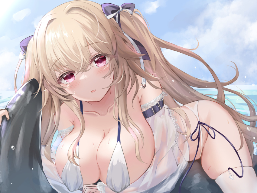 anchorage_(azur_lane) anchorage_(dolphins_and_swim_lessons)_(azur_lane) azur_lane bikini bow breasts brown_hair cloud collarbone commentary_request day detached_sleeves female habu_rin hairbow highres inflatable_orca inflatable_toy large_breasts light_blush light_brown_hair long_hair looking_at_viewer lying official_alternate_costume on_stomach outdoors parted_lips pink_eyes purple_bow see-through see-through_sleeves side-tie_bikini_bottom skindentation sky solo swimsuit thighhighs twintails water white_bikini white_thighhighs