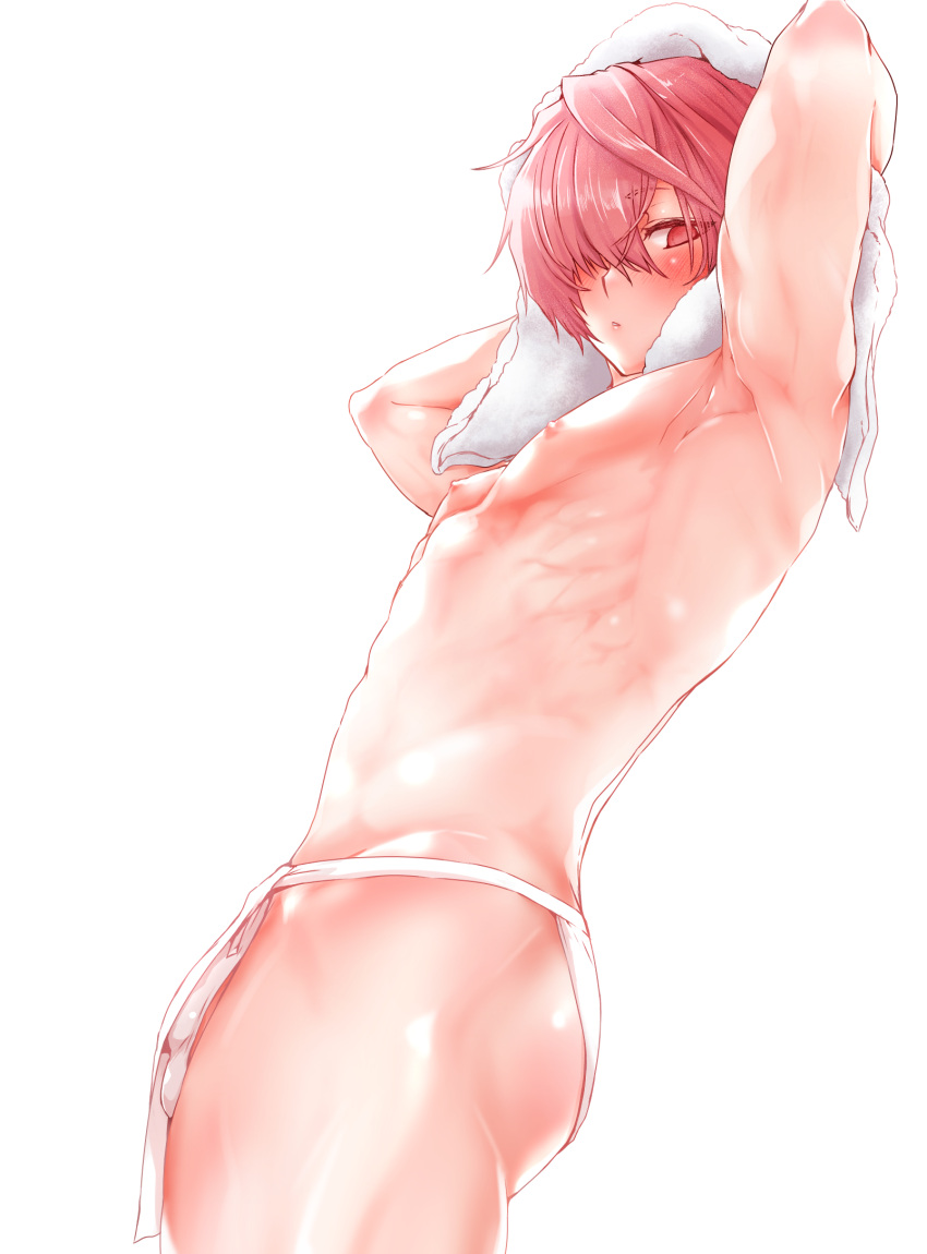 1boy armpits arms_behind_head arms_up ass blush bulge cowboy_shot drying drying_hair fate/grand_order fate_(series) from_side fundoshi fuuma_kotarou_(fate) hair_over_one_eye highres holding holding_towel japanese_clothes kamenakake looking_at_viewer male_focus nipples parted_bangs parted_lips pectorals red_eyes red_hair shiny_skin short_hair solo standing toned toned_male towel towel_on_head underwear underwear_only