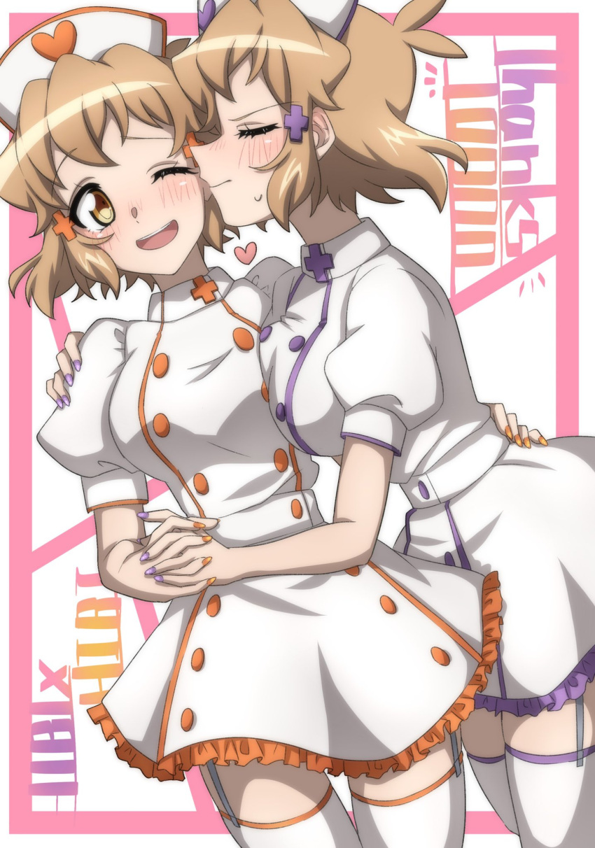 2girls blonde_hair blush breasts closed_eyes closed_mouth commentary_request dual_persona garter_straps hair_ornament hat highres holding_hands imminent_kiss large_breasts multiple_girls nurse nurse_cap one_eye_closed open_mouth selfcest senki_zesshou_symphogear senki_zesshou_symphogear_xd_unlimited short_hair smile sweat tachibana_hibiki_(symphogear) tachibana_hibiki_(symphogear)_(another) thighhighs white_legwear yukitsuba_hina yuri