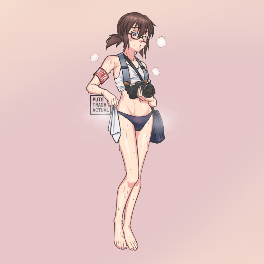 armband artist_name black_footwear brown_hair camera female girls_und_panzer groin hair_between_eyes highres jumpsuit jumpsuit_around_waist navel one_eye_closed ou_taiga panties pink_background purple_eyes purple_panties puto_trash rag semi-rimless_eyewear solo steaming_body sweat tank_top under-rim_eyewear underwear underwear_only white_tank_top