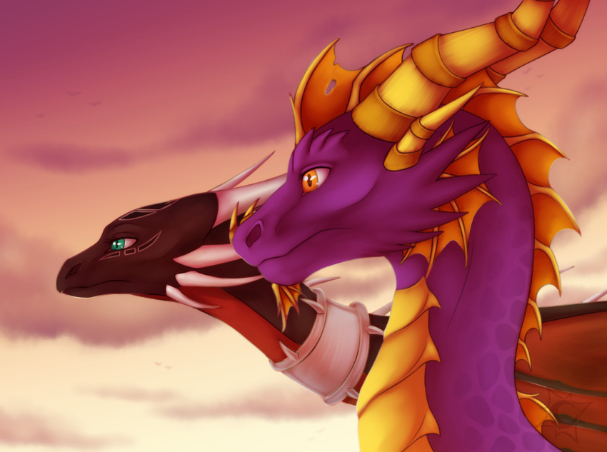 2019 activision ambiguous_gender constelia corrupt_cynder cynder day detailed_background digital_media_(artwork) dragon duo european_mythology female feral horn membrane_(anatomy) membranous_wings mythological_creature mythological_scalie mythology orange_eyes outside scales scalie sky spines spyro spyro_the_dragon western_dragon wings