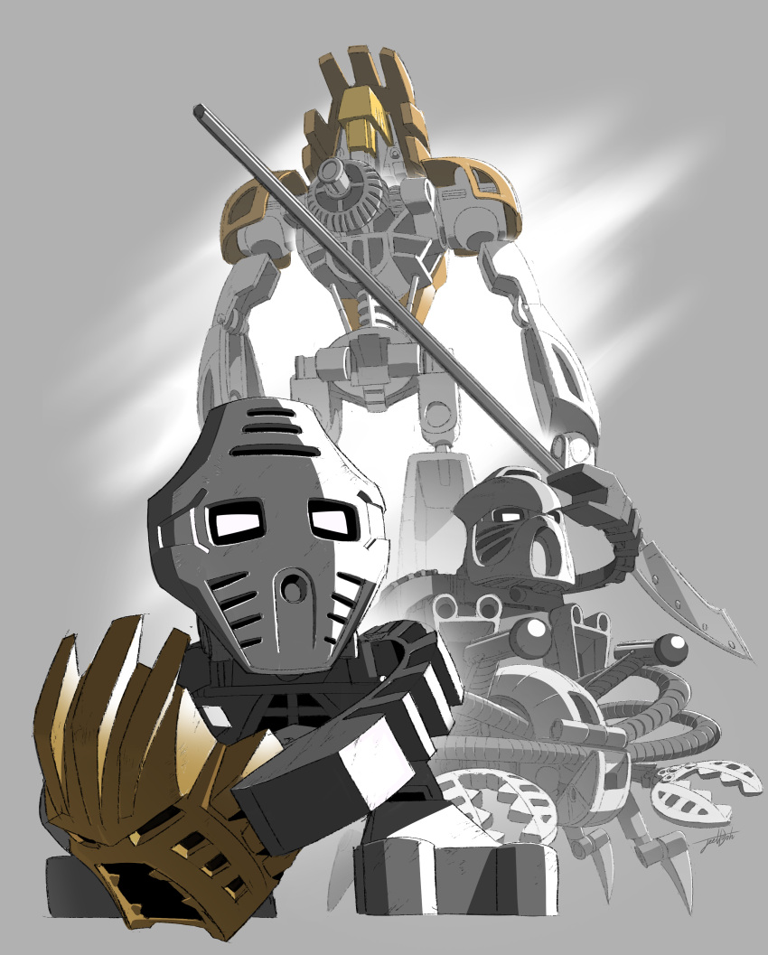 absurd_res ambiguous_gender armor arthropod bionicle biped claws crab crustacean decapoda digital_drawing_(artwork) digital_media_(artwork) feral fingers gold_body grey_background grey_body group hi_res holding_object holding_weapon humanoid jaller jeetdoh lego lego_brick machine malacostracan marine mask matoran melee_weapon monochrome mouthless pewku polearm rahi robot robot_humanoid short signature simple_background spear standing takanuva takua toa weapon