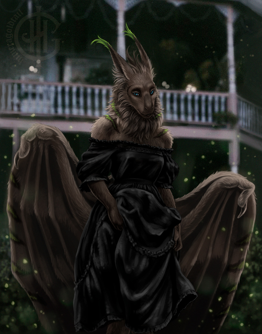 2022 anthro arm_tuft artist_logo artist_name black_clothing black_dress blue_eyes blurred_background breasts brown_body brown_fur brown_inner_ear_fluff brown_wings cheek_tuft claws clothed clothing dragon dress ear_tuft european_mythology exposure_variation facial_tuft female fur furred_dragon furred_scalie furred_wings green_markings head_tuft hi_res himeragoldtail inner_ear_fluff logo looking_at_viewer markings medium_breasts membrane_(anatomy) membranous_wings mythological_creature mythological_scalie mythology neck_tuft outside plant portrait reptile salvatrix scalie shoulder_tuft shrub solo standing three-quarter_portrait tuft western_dragon wing_claws wings